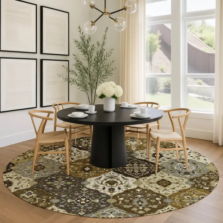 8' Brown Gray And Gold Round Floral Medallion Washable Indoor Outdoor Area Rug Photo 9