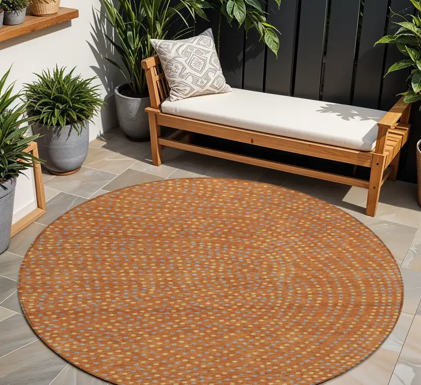 8' Brown Gray And Gold Round Polka Dot Washable Indoor Outdoor Area Rug Photo 1
