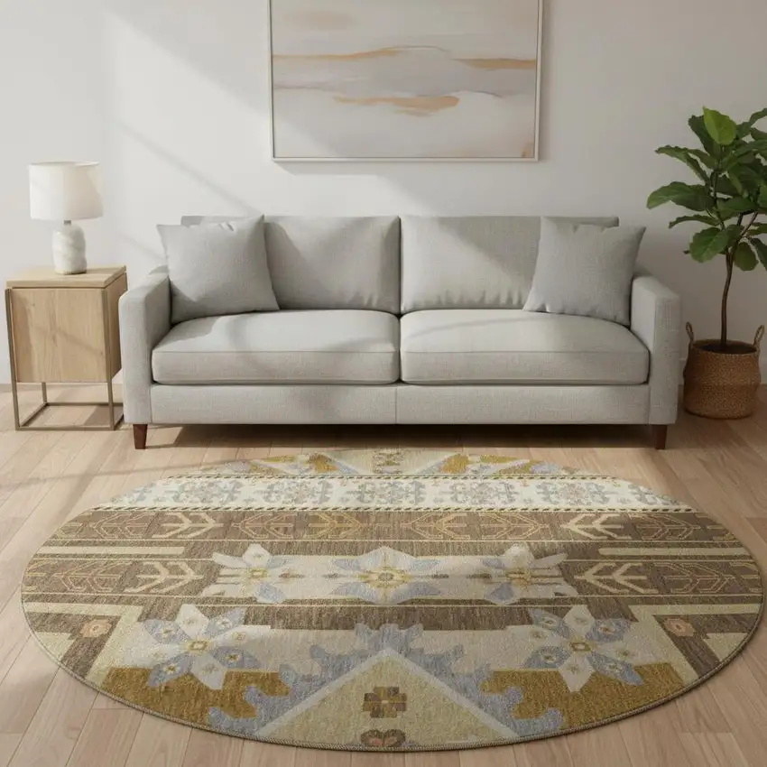 8' Brown Gray And Gold Southwestern Washable Round Rug With UV Protection Photo 2