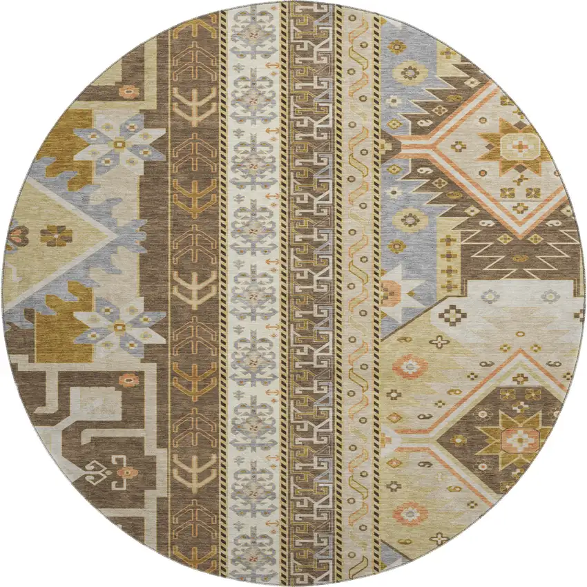 8' Brown Gray And Gold Southwestern Washable Round Rug With UV Protection Photo 1