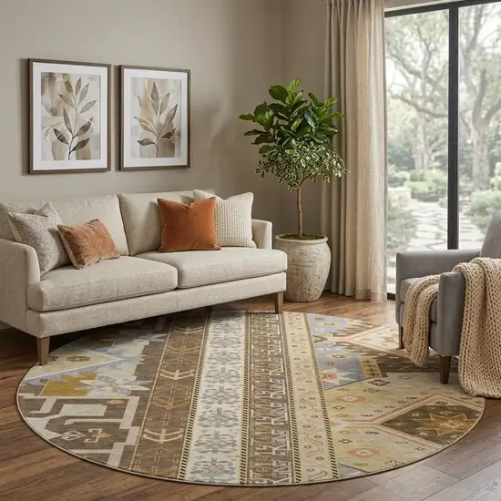 8' Brown Gray And Gold Southwestern Washable Round Rug With UV Protection Photo 1