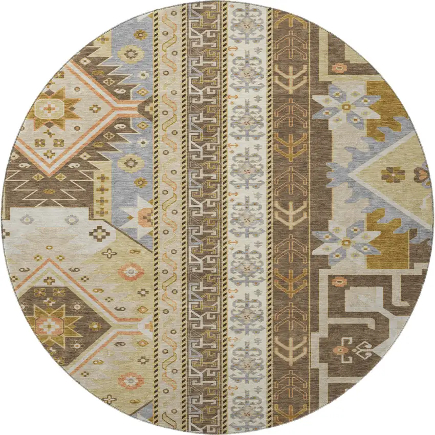 8' Brown Gray And Gold Southwestern Washable Round Rug With UV Protection Photo 3