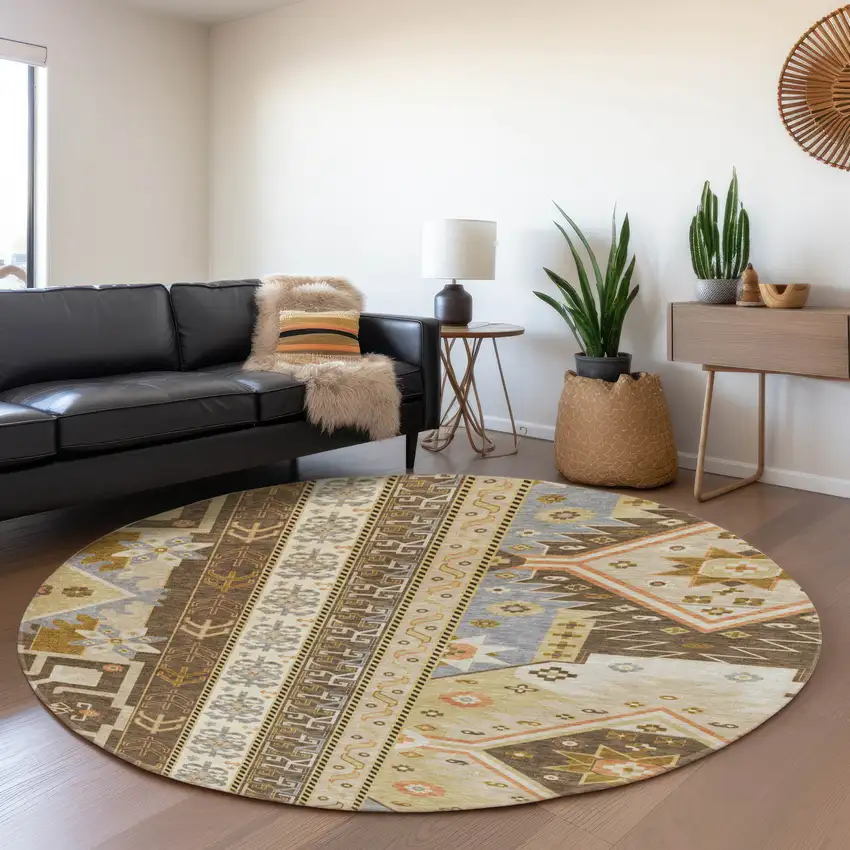 8' Brown Gray And Gold Southwestern Washable Round Rug With UV Protection Photo 4