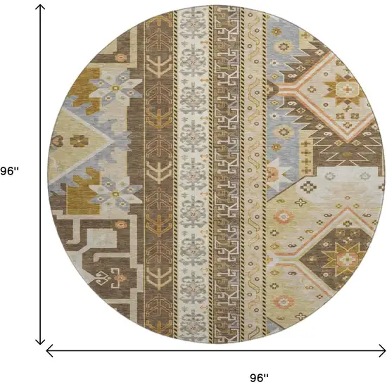 8' Brown Gray And Gold Southwestern Washable Round Rug With UV Protection Photo 9