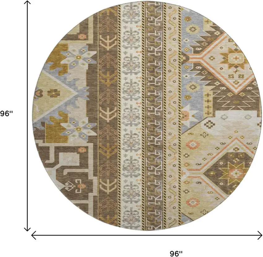 8' Brown Gray And Gold Southwestern Washable Round Rug With UV Protection Photo 9