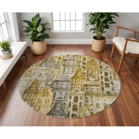 8' Brown Gray And Ivory Abstract Geometric Washable Round Rug With UV Protection Photo 2