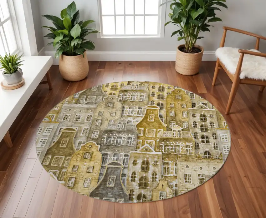 8' Brown Gray And Ivory Abstract Geometric Washable Round Rug With UV Protection Photo 2