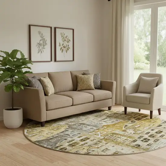 8' Brown Gray And Ivory Abstract Geometric Washable Round Rug With UV Protection Photo 1