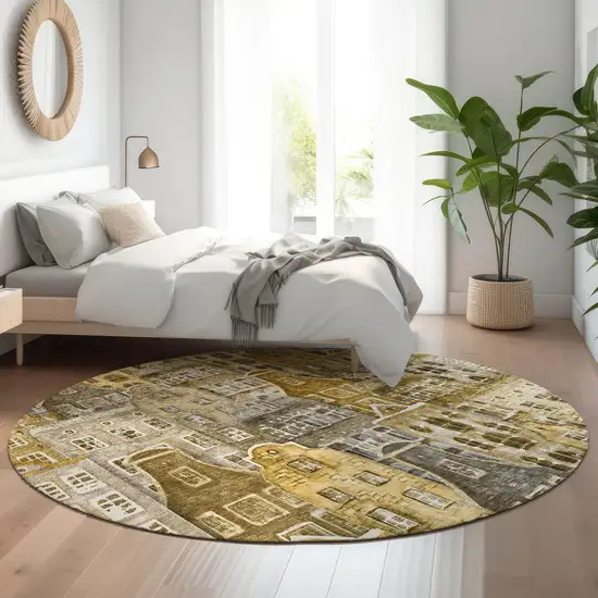 8' Brown Gray And Ivory Abstract Geometric Washable Round Rug With UV Protection Photo 5