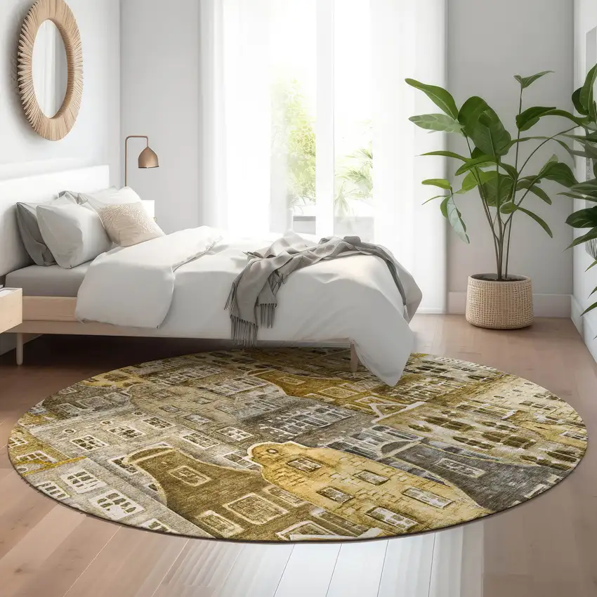 8' Brown Gray And Ivory Abstract Geometric Washable Round Rug With UV Protection Photo 5
