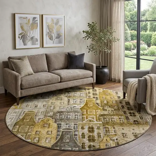 8' Brown Gray And Ivory Abstract Geometric Washable Round Rug With UV Protection Photo 1