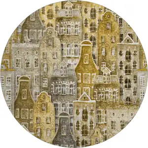 Photo of 8' Brown Gray And Ivory Abstract Geometric Washable Round Rug With UV Protection