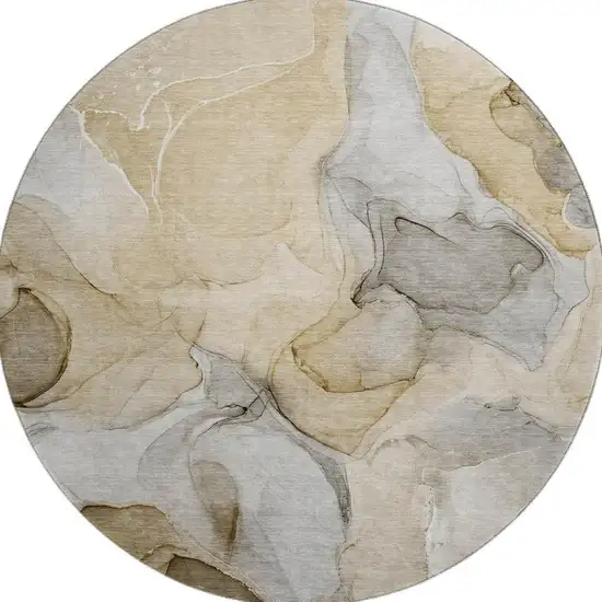 8' Brown Gray And Ivory Abstract Washable Round Rug With UV Protection Photo 4
