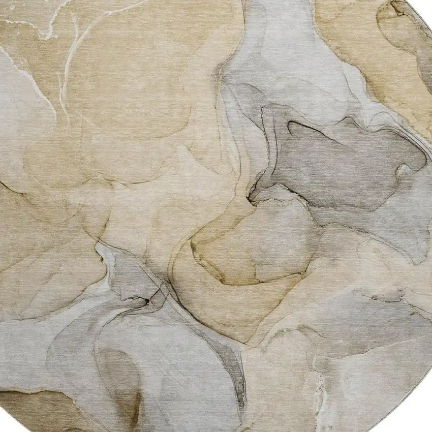 8' Brown Gray And Ivory Abstract Washable Round Rug With UV Protection Photo 3