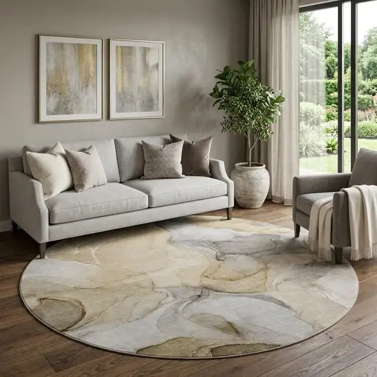 8' Brown Gray And Ivory Abstract Washable Round Rug With UV Protection Photo 1