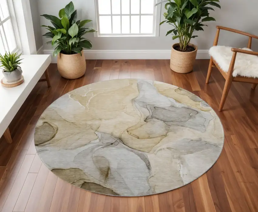 8' Brown Gray And Ivory Abstract Washable Round Rug With UV Protection Photo 2