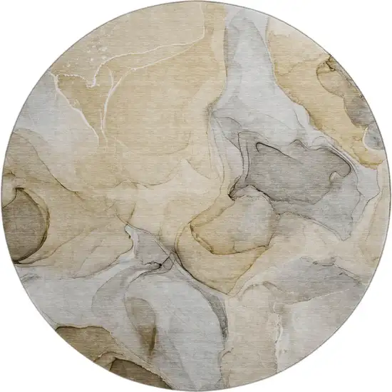 8' Brown Gray And Ivory Abstract Washable Round Rug With UV Protection Photo 1