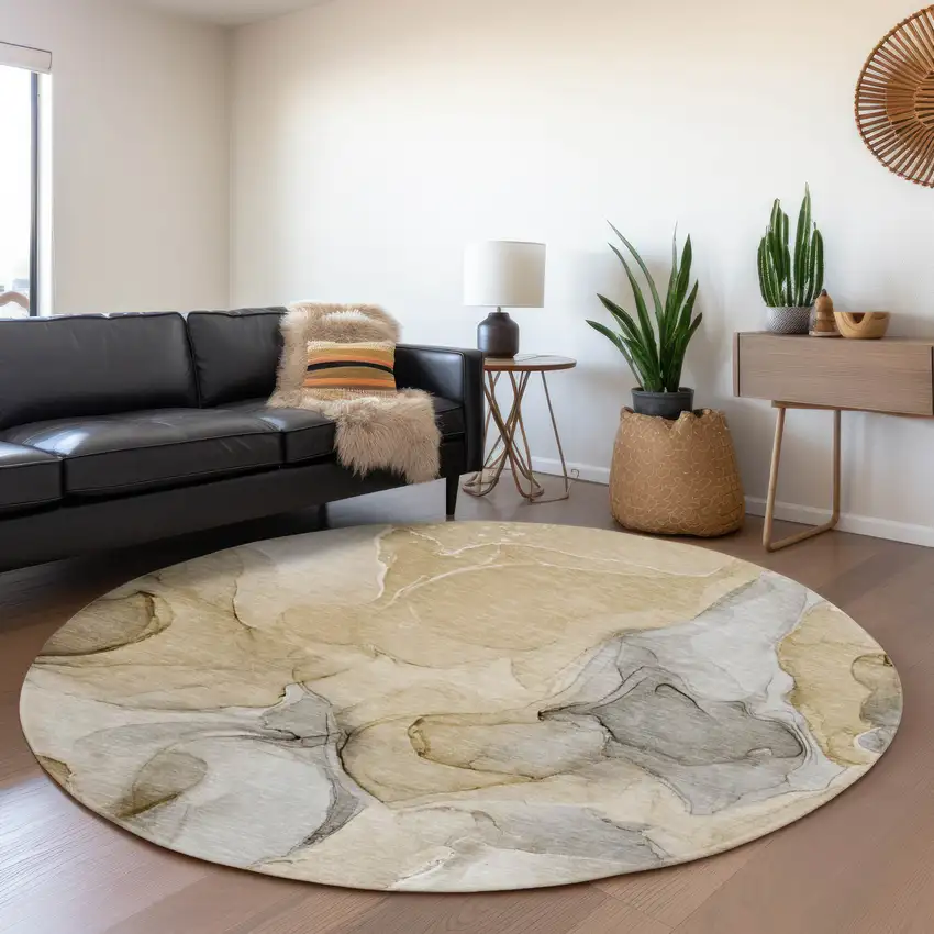 8' Brown Gray And Ivory Abstract Washable Round Rug With UV Protection Photo 5