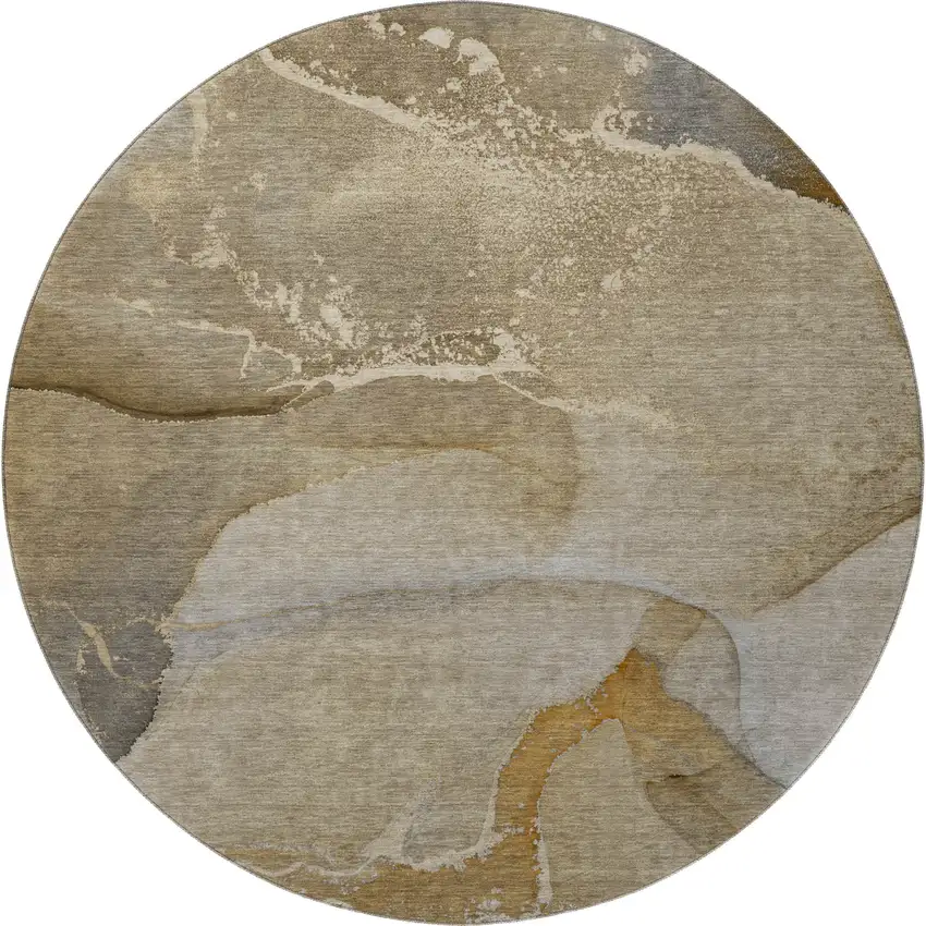8' Brown Gray And Ivory Abstract Washable Round Rug With UV Protection Photo 3