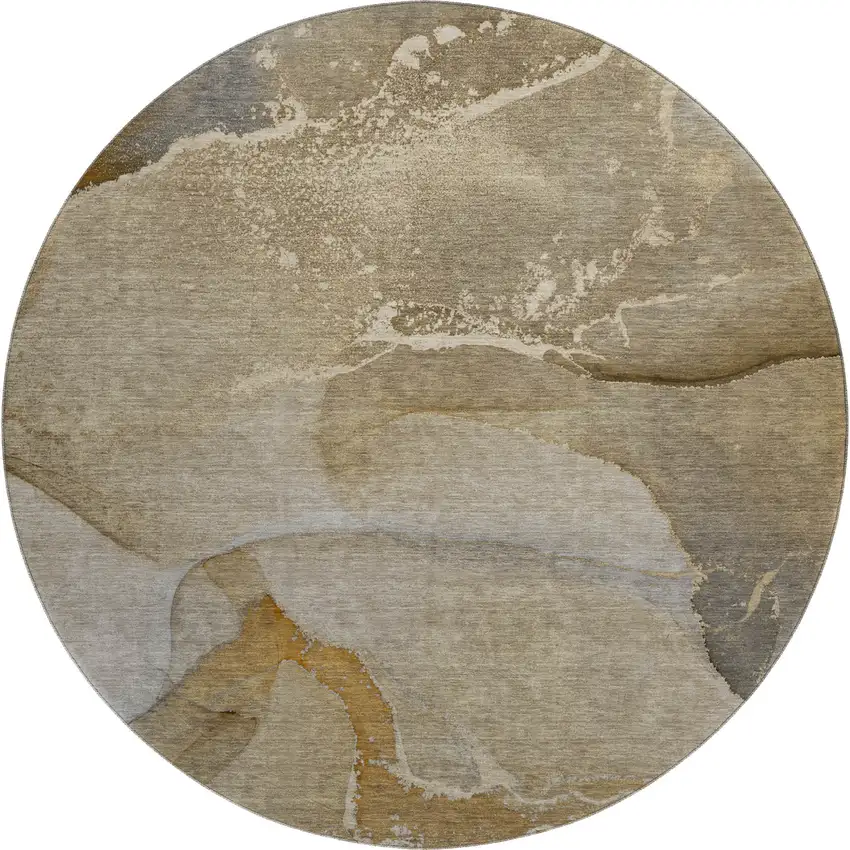 8' Brown Gray And Ivory Abstract Washable Round Rug With UV Protection Photo 1