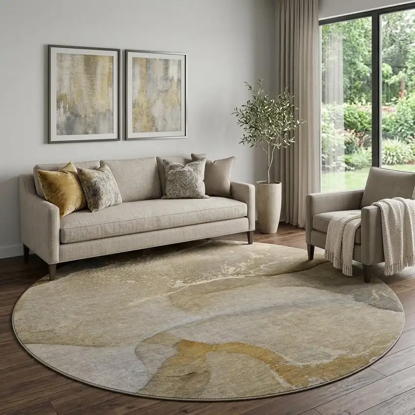 8' Brown Gray And Ivory Abstract Washable Round Rug With UV Protection Photo 1