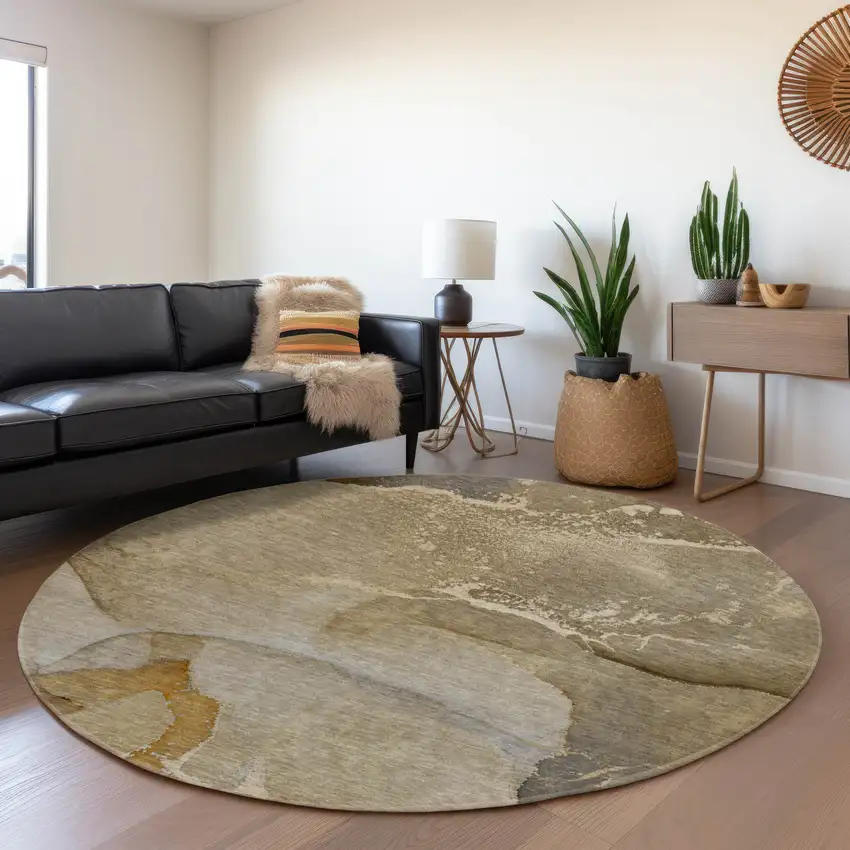8' Brown Gray And Ivory Abstract Washable Round Rug With UV Protection Photo 4