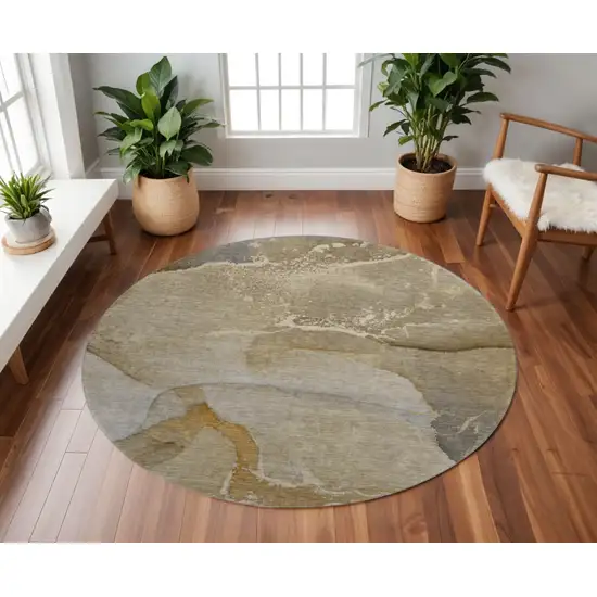 8' Brown Gray And Ivory Abstract Washable Round Rug With UV Protection Photo 2