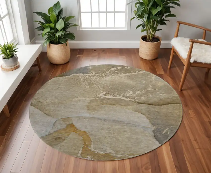 8' Brown Gray And Ivory Abstract Washable Round Rug With UV Protection Photo 2