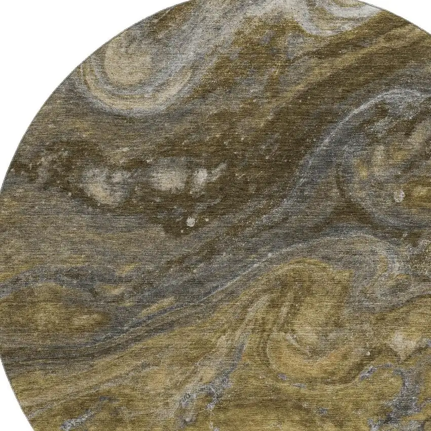 8' Brown Gray And Ivory Abstract Washable Round Rug With UV Protection Photo 2