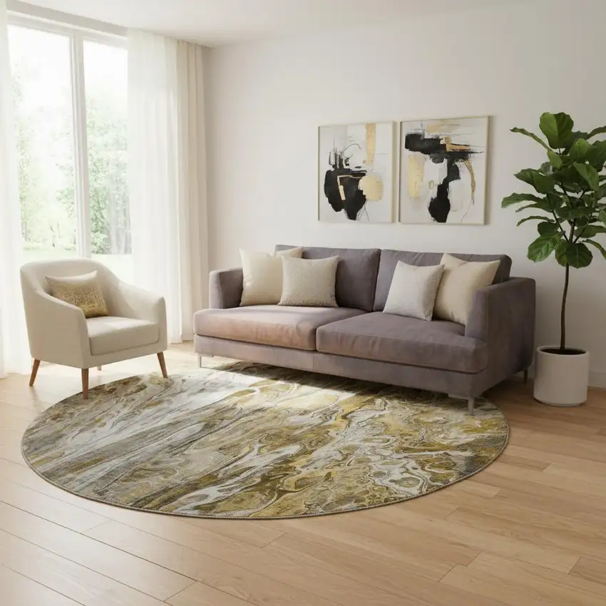 8' Brown Gray And Ivory Abstract Washable Round Rug With UV Protection Photo 1