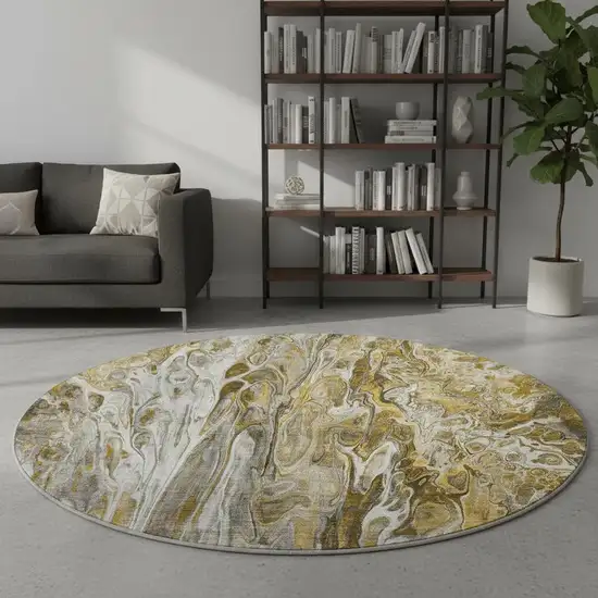 8' Brown Gray And Ivory Abstract Washable Round Rug With UV Protection Photo 2