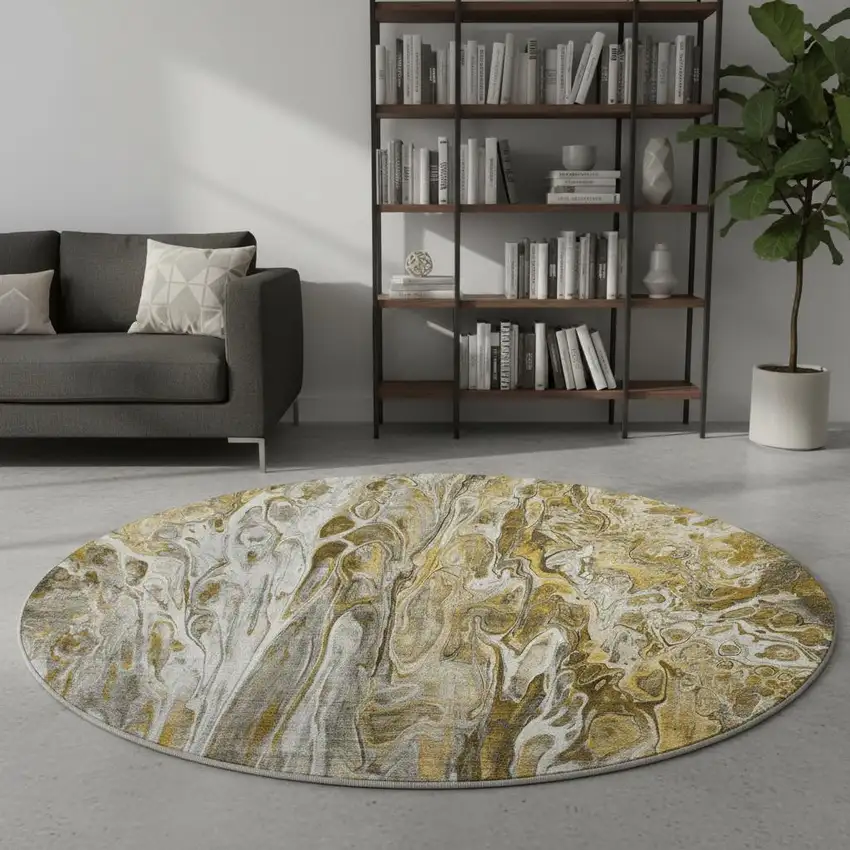 8' Brown Gray And Ivory Abstract Washable Round Rug With UV Protection Photo 2