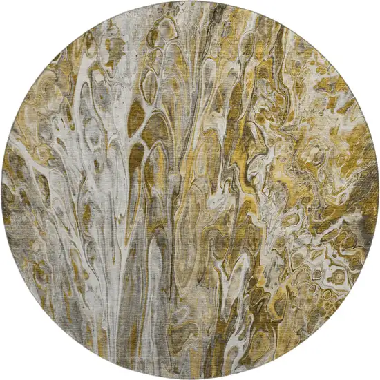 8' Brown Gray And Ivory Abstract Washable Round Rug With UV Protection Photo 1