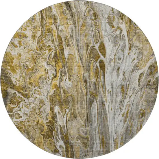 8' Brown Gray And Ivory Abstract Washable Round Rug With UV Protection Photo 4