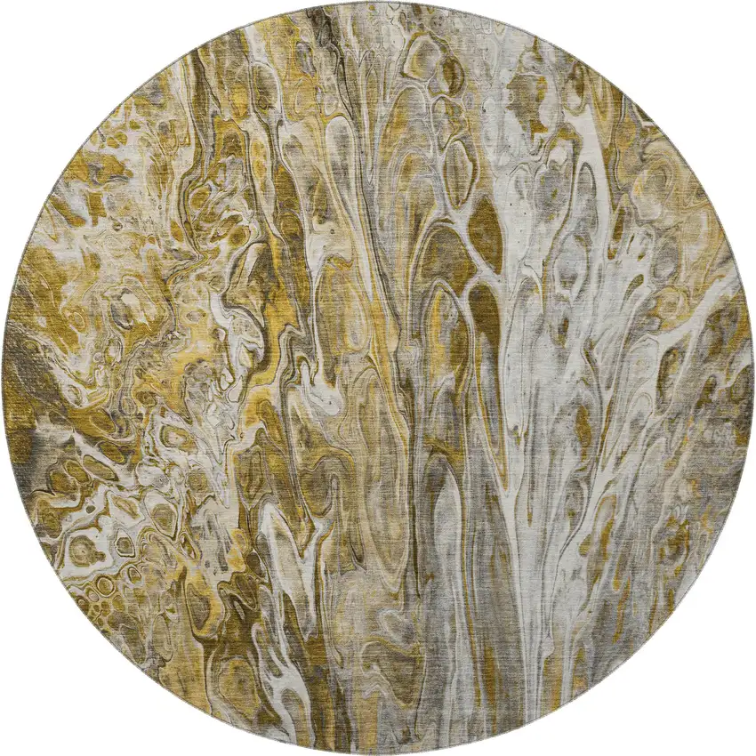 8' Brown Gray And Ivory Abstract Washable Round Rug With UV Protection Photo 4