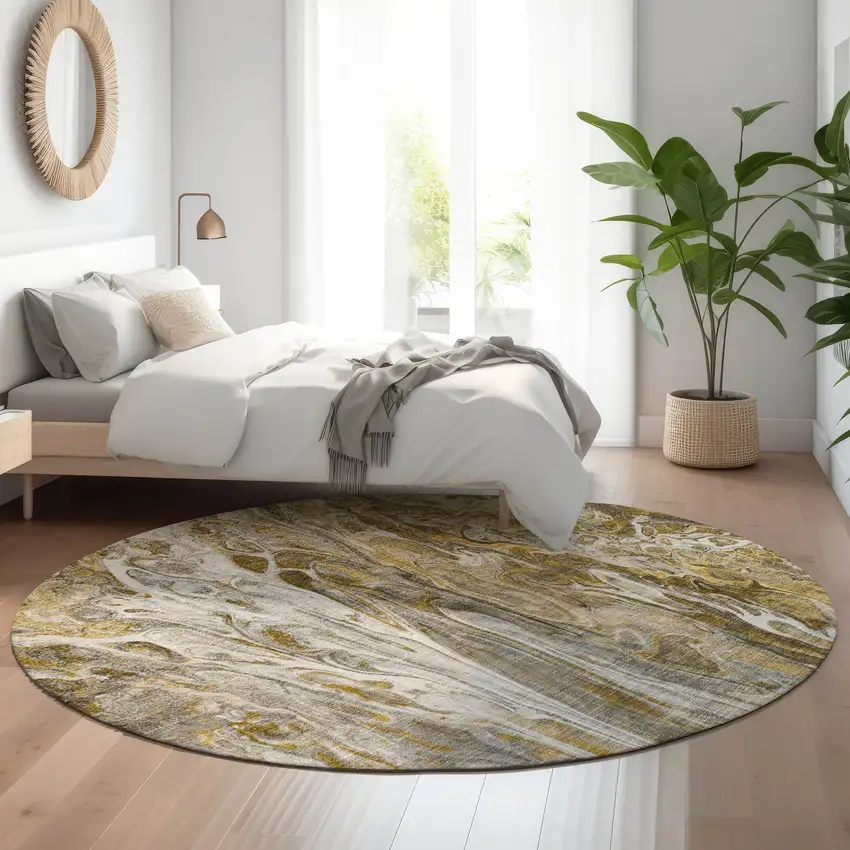 8' Brown Gray And Ivory Abstract Washable Round Rug With UV Protection Photo 5