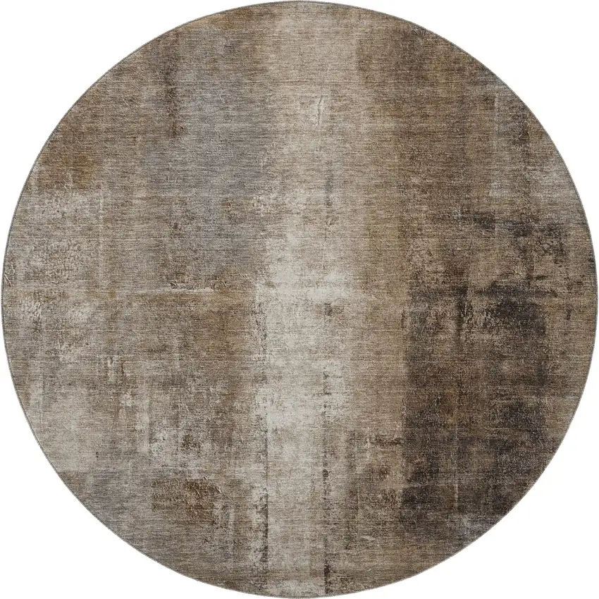 8' Brown Gray And Ivory Abstract Washable Round Rug With UV Protection Photo 4