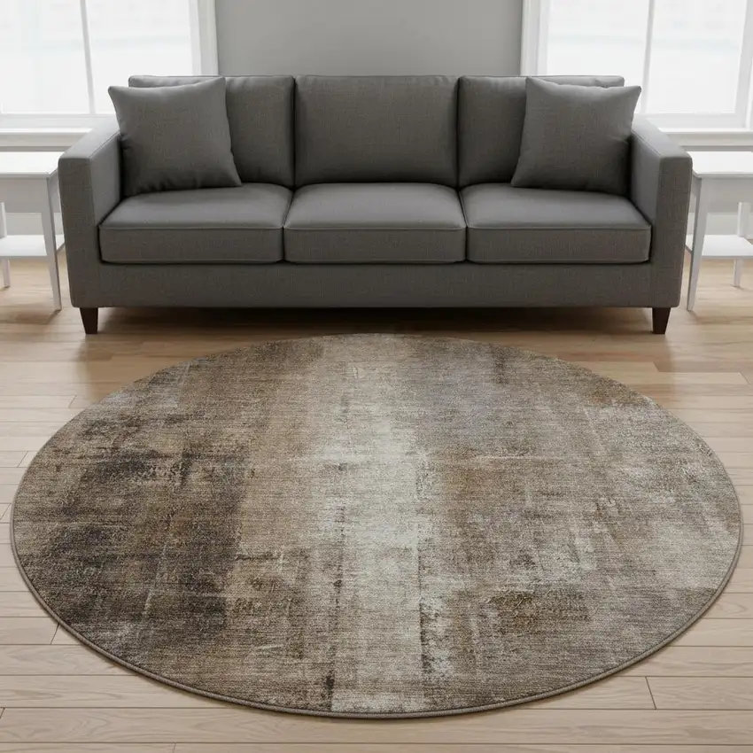 8' Brown Gray And Ivory Abstract Washable Round Rug With UV Protection Photo 2