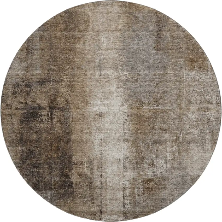 8' Brown Gray And Ivory Abstract Washable Round Rug With UV Protection Photo 1