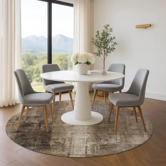 8' Brown Gray And Ivory Abstract Washable Round Rug With UV Protection Photo 5