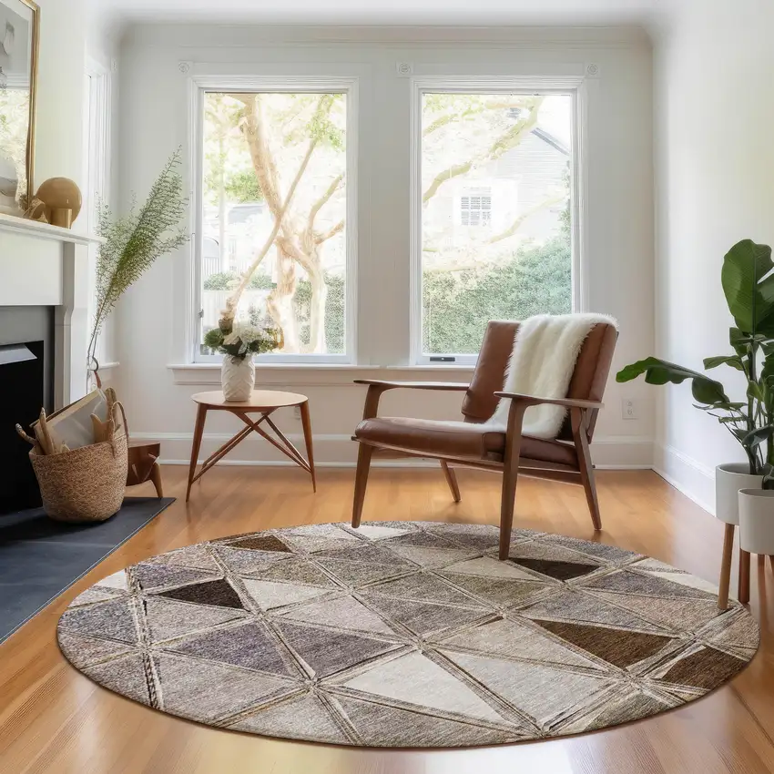 8' Brown Gray And Ivory Geometric Washable Round Rug With UV Protection Photo 4