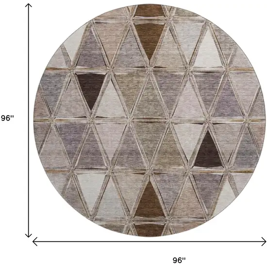8' Brown Gray And Ivory Geometric Washable Round Rug With UV Protection Photo 5