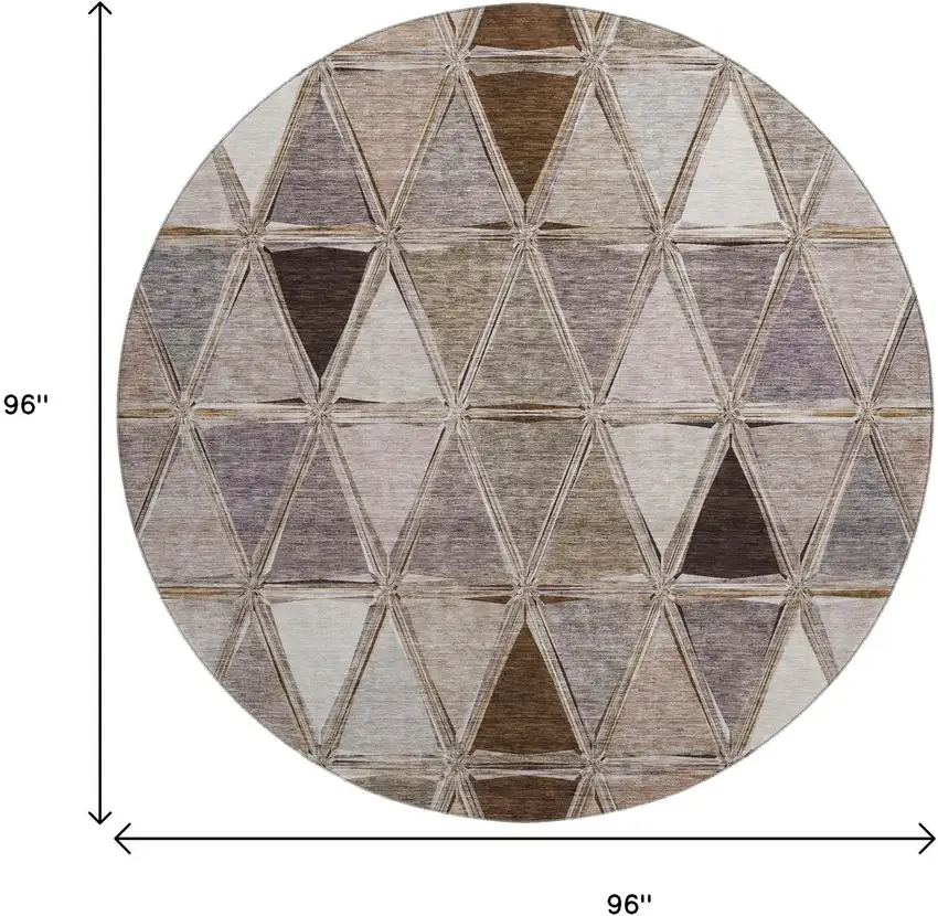 8' Brown Gray And Ivory Geometric Washable Round Rug With UV Protection Photo 5