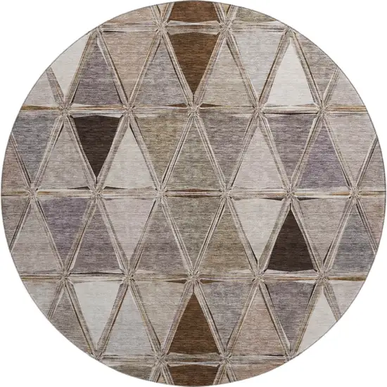 8' Brown Gray And Ivory Geometric Washable Round Rug With UV Protection Photo 6