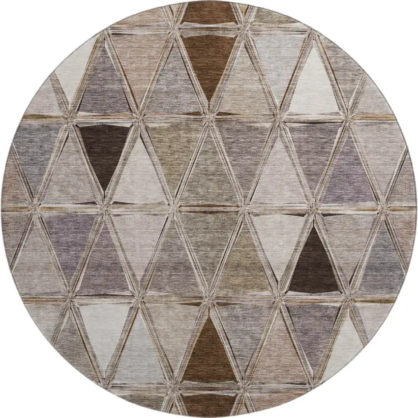 8' Brown Gray And Ivory Geometric Washable Round Rug With UV Protection Photo 6