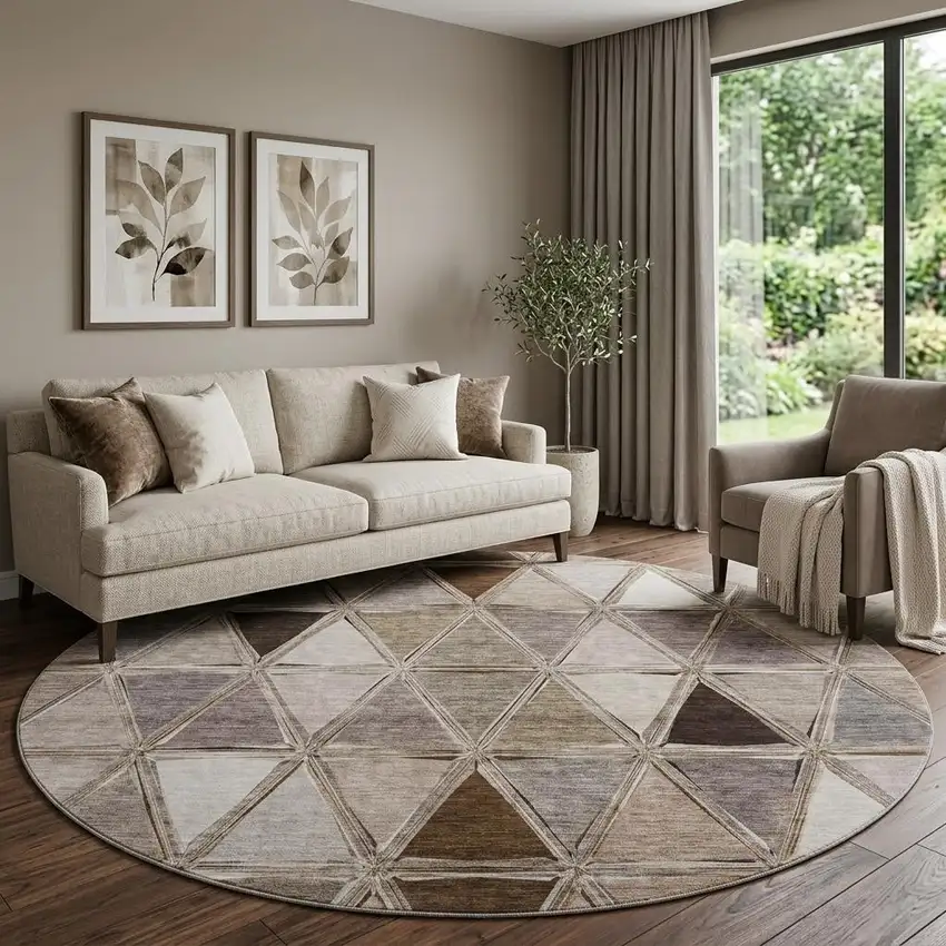 8' Brown Gray And Ivory Geometric Washable Round Rug With UV Protection Photo 1