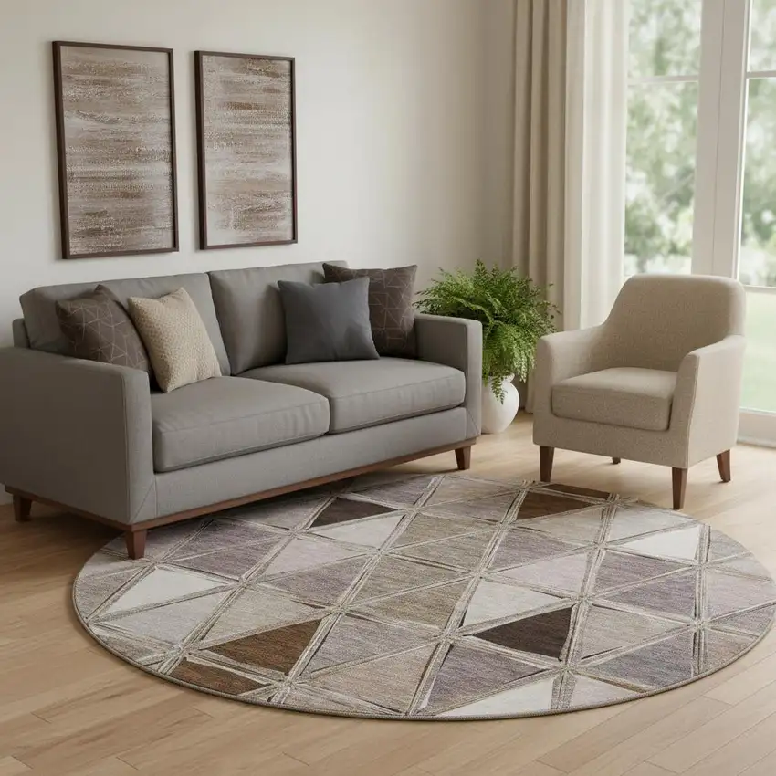 8' Brown Gray And Ivory Geometric Washable Round Rug With UV Protection Photo 1