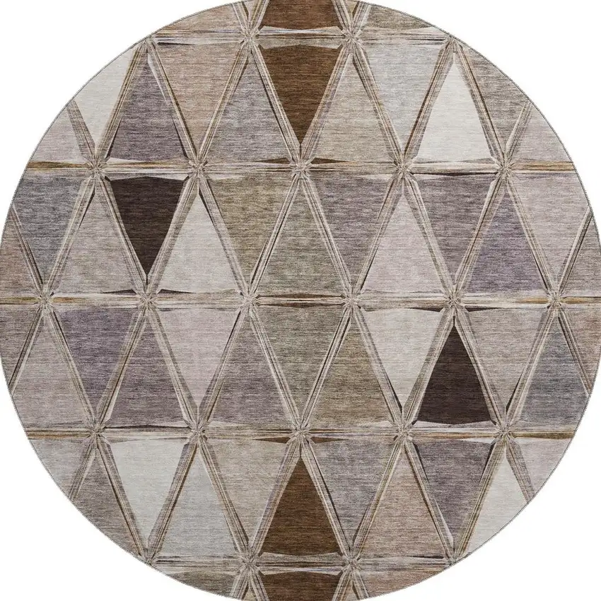 8' Brown Gray And Ivory Geometric Washable Round Rug With UV Protection Photo 1