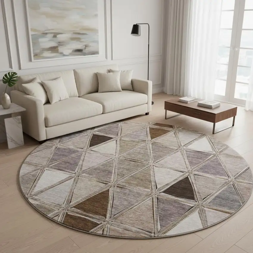 8' Brown Gray And Ivory Geometric Washable Round Rug With UV Protection Photo 2