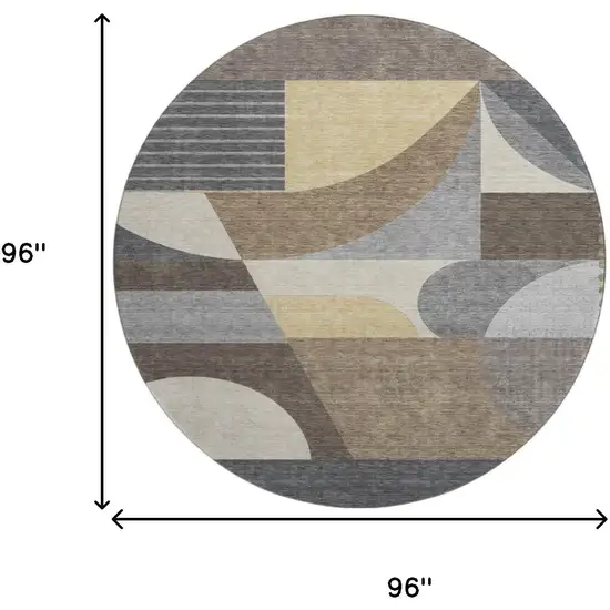 8' Brown Gray And Ivory Geometric Washable Round Rug With UV Protection Photo 9